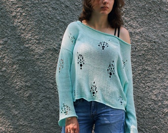 Summer Sweater Crop Off Shoulder Cotton Mint Green, Oversize Beach Weeknd Jumper, Bohemian Clothing, Distressed Cropped Grunge Pullover