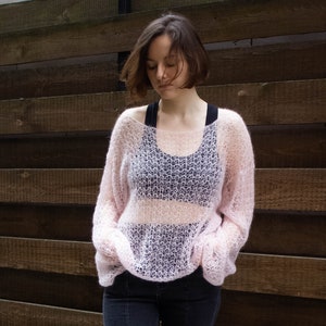Pastel Pink Mohair Sweater, Oversize Loose Knit Fuzzy Pullover Bridesmaid, Openwork Fluffy Bridal Jumper, Boho Wedding Sheer Cropped Sweater