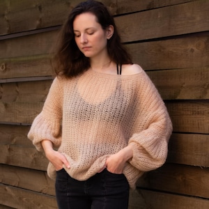 Chunky Knit Bejge Mohair Sweater Jumper, Oversized Loose Fuzzy Pullover 3/4 Puff Sleeve, Slouchy Sweater Plus Size, Bohemian clothing