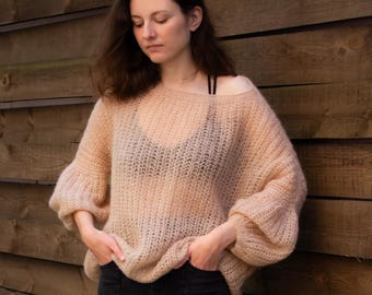 Bejge Mohair Sweater Jumper Chunky Knit, Oversized Loose Fuzzy Pullover 3/4 Puff Sleeves