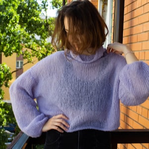 Oversize Sweater Crop Silk Alpaca Periwinkle color, Loose Sheer Hygge Jumper, Cozy Romantic Fluffy Fuzzy Pullover Balloon Sleeves