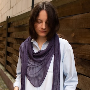 May include: A dark purple, lightweight scarf draped over a light blue button-down shirt. The scarf has a triangular shape and long, flowing ends. The background features a wooden fence and a brick walkway.
