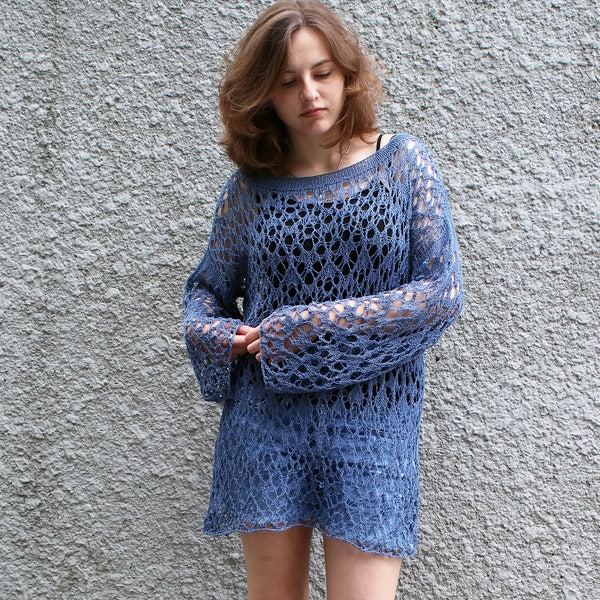 Linen cotton boho beach tunic, Long summer sweater jumper, Loose knit swimsuit cover up, Openwork grunge pullover, Cobwed top MADE TO ORDER