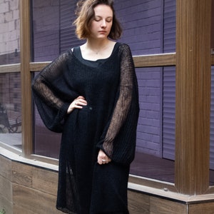 Black Mohair Long Sweater Dress V neck Balloon Sleeve, Loose Fit Maxi Gothic Tunic, Grunge Fuzzy Pullover Plus Size, Oversize Boho Jumper