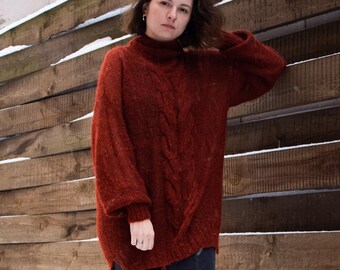 Oversize-Strickpullover mit Zopfmuster, Rollkragen, Mohair, Alpaka, Pullover, lose Passform, Hygge, Fuzzy-Pullover, Extralange Ärmel, Boho-Kleidung