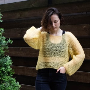 Oversize Pastel Yellow Mohair Festive Sheer Cropped Sweater, Mesh Fuzzy Pullover, Openwork Fluffy Bridal Jumper, Loose Boho Wedding Sweater