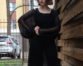 Black Mohair Long Sweater Dress V neck Balloon Sleeve, Loose Fit Maxi Gothic Tunic, Grunge Fuzzy Pullover Plus Size, Oversize Boho Jumper