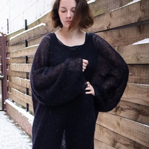 Long Sweater Dress Black Mohair V neck Balloon Sleeve Plus Size, Grunge Fuzzy Pullover, Loose Knit Maxi Gothic Tunic, Oversize Boho Jumper