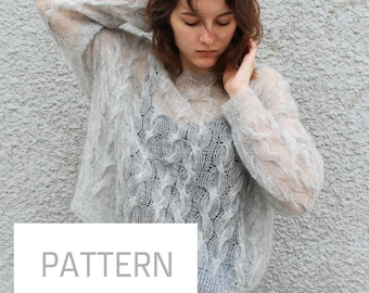 Mohair sweater PDF knitting pattern printable Oversized cable knit cropped sweater pullover Templates loose feminine boho sweater jumper