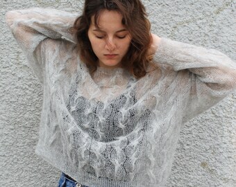Oversized Cable Knit Fuzzy Mohair Sweater Pullover, Loose