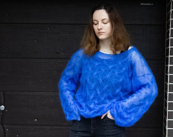 Oversize Cable Knit  Electric Blue Mohair Summer Sweater, Transparent Fall Bridal Sweater, Sheer Boho Wedding Jumper, Short Fuzzy Pullover