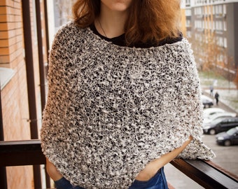 Lockere Passform Infinity Poncho Cape, Wickelschal, Weiche Schulterhülle, Rundstrick Schwarz Weiß Winter Hochzeit Capelet, Geschenk für Boho Frau