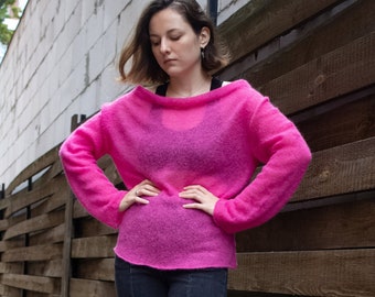 Loose Knit Alpaca Sweater Bright Pink Color Long Raglan Sleeves Off-the-shoulder, Light Mohair Boho Fuzzy Pullover, Trendy Fluffy Jumper