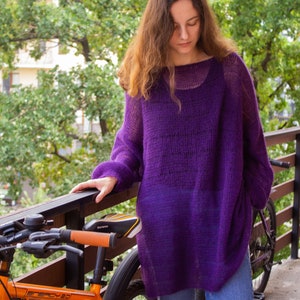 Oversized Purple Mohair Alpaca Maxi Sweater Dress Balloon Sleeves, Loose Knit Light Boho Fuzzy Pullover, Trendy Grunge Jumper, Summer Tunic