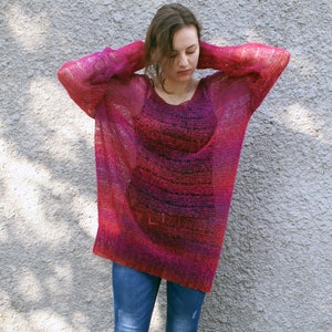 Oversized Sheer Mohair Long Sweater Dress, Loose Knit Magenta Gradient Jumper, V Neck Grunge Fuzzy Pullover, Bohemian Clothing Made to order