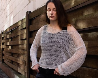 【COSYHARU】AS Look Linen Knit Oversize White Linen Silk Silver Lurex Shiny Sweater off