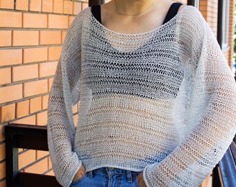 【COSYHARU】AS Look Linen Knit Oversize White Linen Silk Silver Lurex Shiny Sweater off