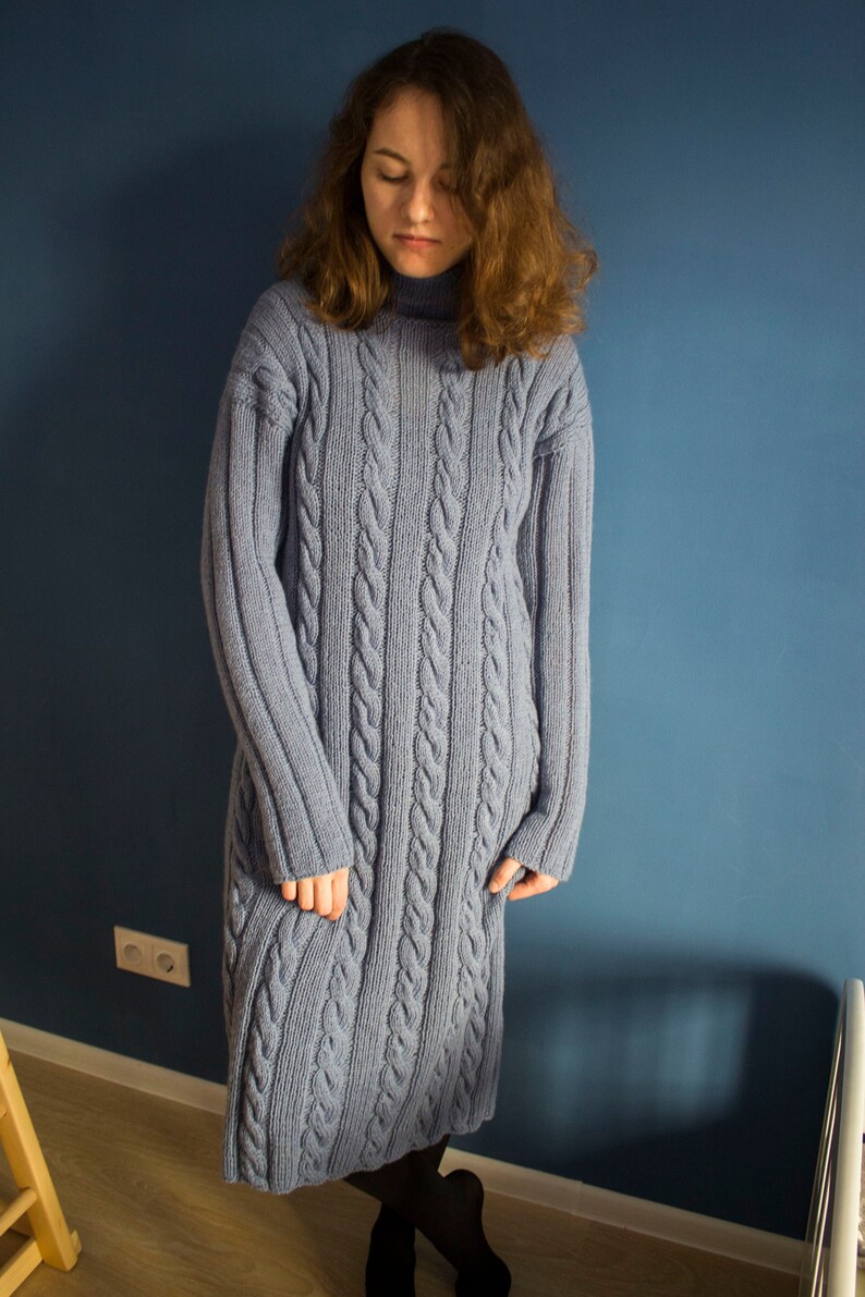 Cable knit turtleneck long sweater dress light blue Loose fit Etsy
