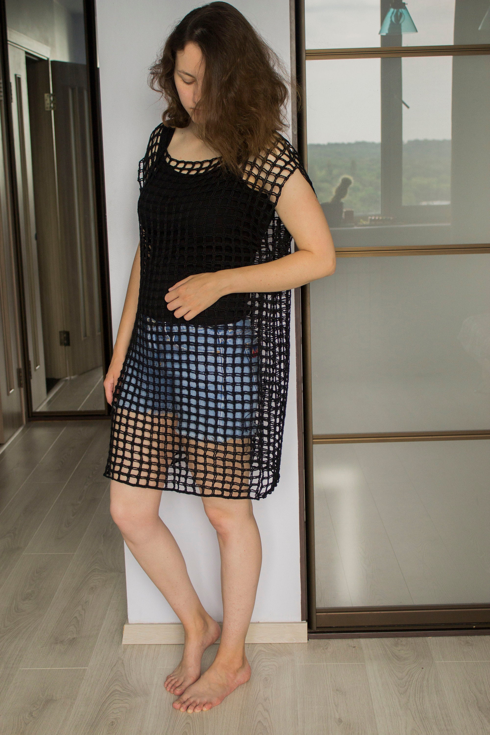 black netted beach dress Fran Black T Shirt Maxi Beach Dress