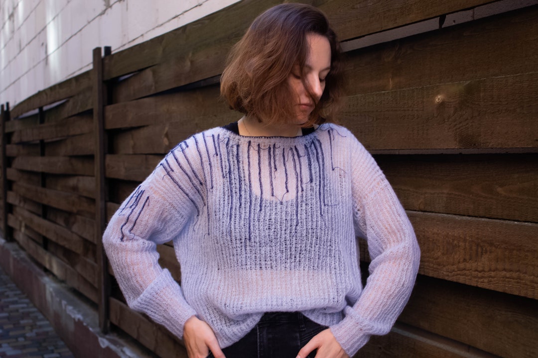 Oversized Short Sheer Alpaca Jumper With Ripped Decor, Loose Knit ...