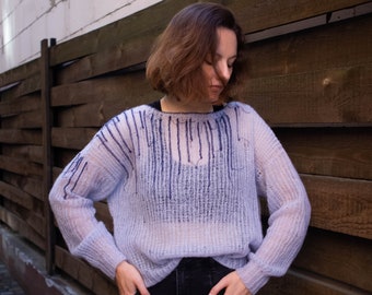 Oversized Short Sheer Alpaca Jumper with Ripped Decor, Loose Knit Pastel Blue Fuzzy Pullover, Bohemian Clothing, Grunge Boho Sweater Crop