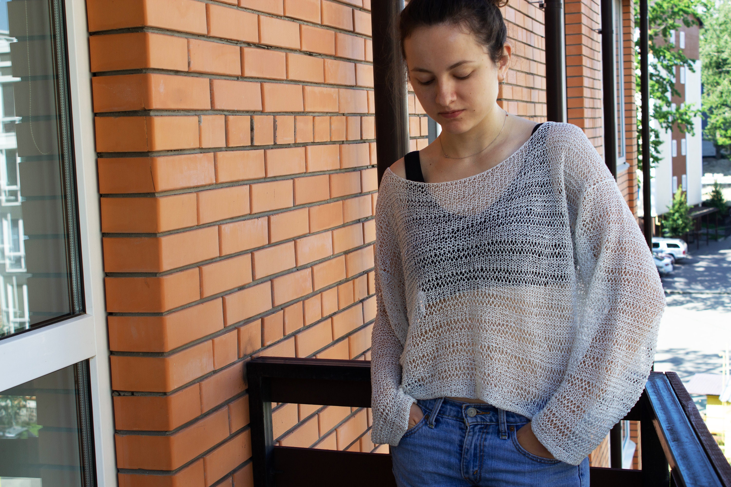 【COSYHARU】Linen Blend Semi Overfit Knit Oversize White Linen Silk Silver Lurex Shiny Sweater off
