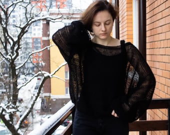 Oversize Black Mohair Alpaca Sweater Punk, Loose Fit Sheer Jumper Extra Long Sleeve, Grunge Sweater Crop, Fluffy Fuzzy Gothic Pullover
