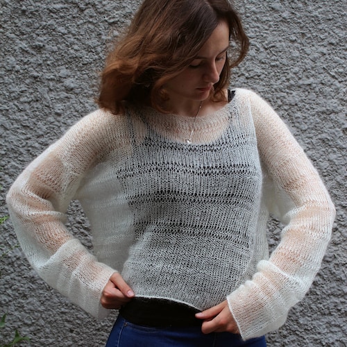 Oversized Sheer Mohair Cropped Sweater Jumper off White, Loose