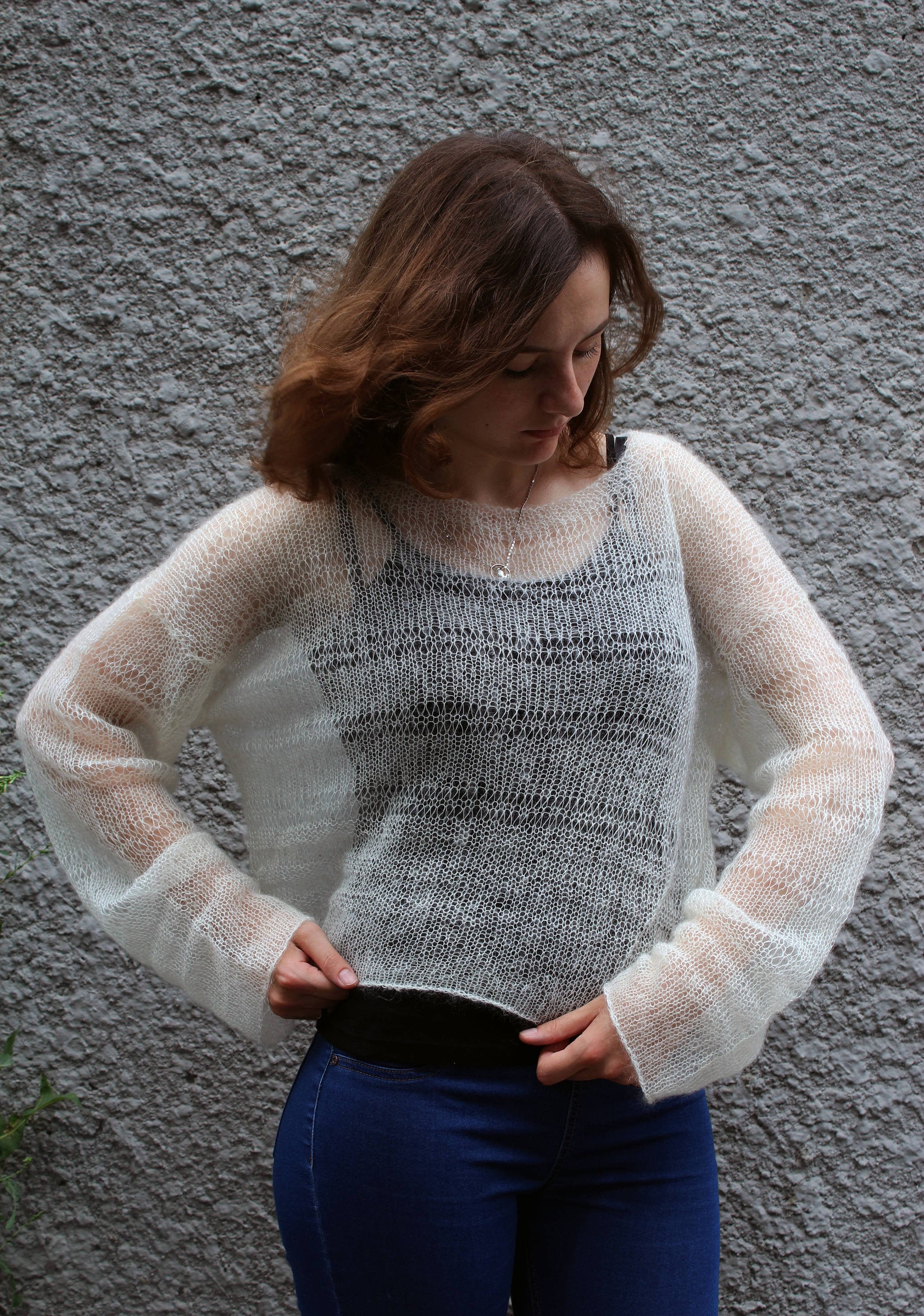 Oversized Sheer Mohair Cropped Sweater off White Bohemian - Etsy