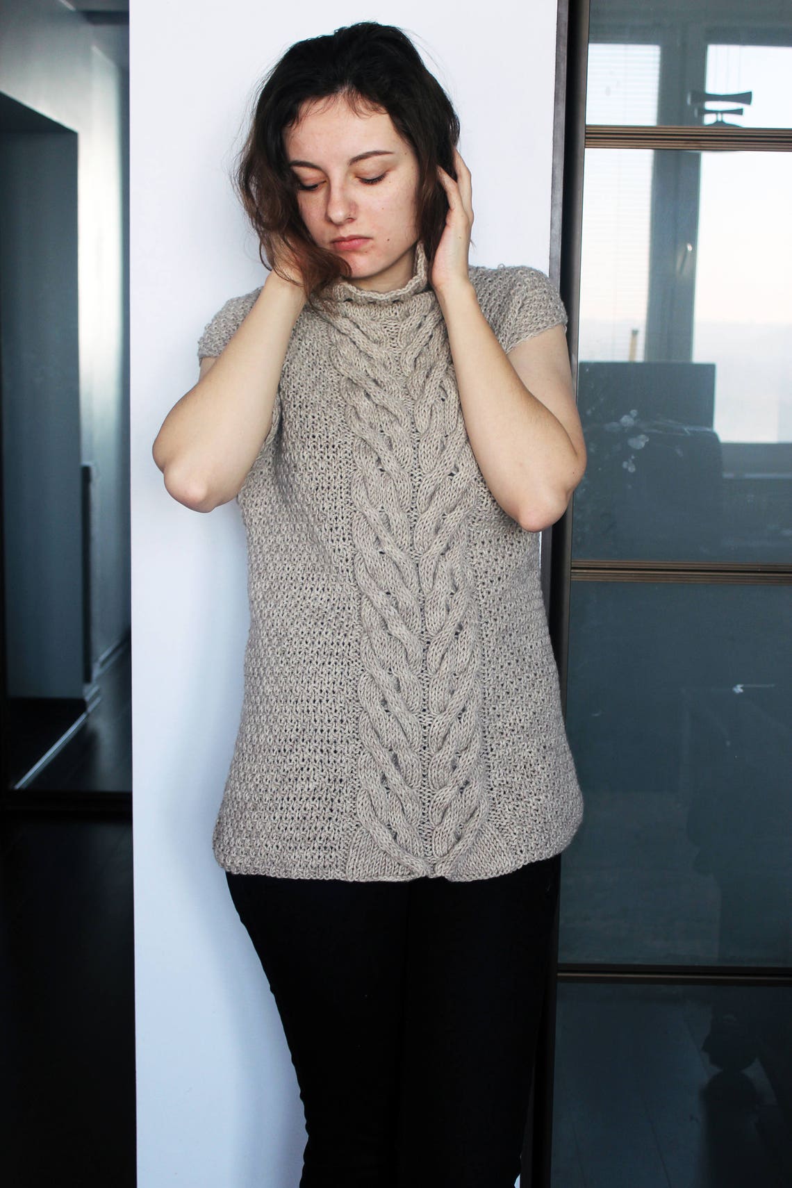 Cabled turtleneck sleeveless sweater vest Cable knit slouchy Etsy