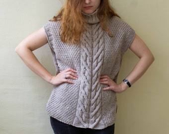 Cable Knit Turtleneck Sleeveless Sweater Vest, Loose Fit Slouchy Jumper, Casual Chunky Pullover Top, Bohemian Clothing, Knitted Slipover