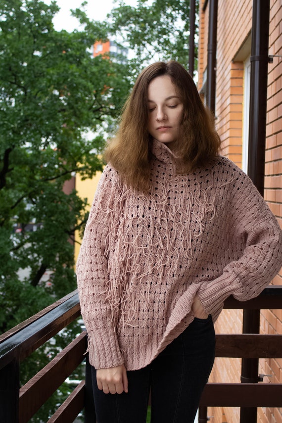 Oversized Turtleneck Long Beige Wool Sweater Dress Loose Fit Cowl Neck Jumper Bohemian Clothing Hand Knit Fringe Sweater Pullover Etsy UK