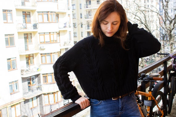 Black Merino Cashmere Oversize Cropped Sweater Chunky Knit Turtleneck Short Sweater Jumper Long Sleeve Cabled Cozy Boho Pullover Crop M XL Etsy UK