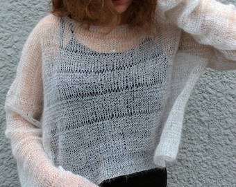 Oversize Fuzzy Mohair Sweater Jumper Extra Long Sleeve off White, Loose Knit Boho Wedding Pullover, Bridal Grunge Crop Top, MADE TO ORDER