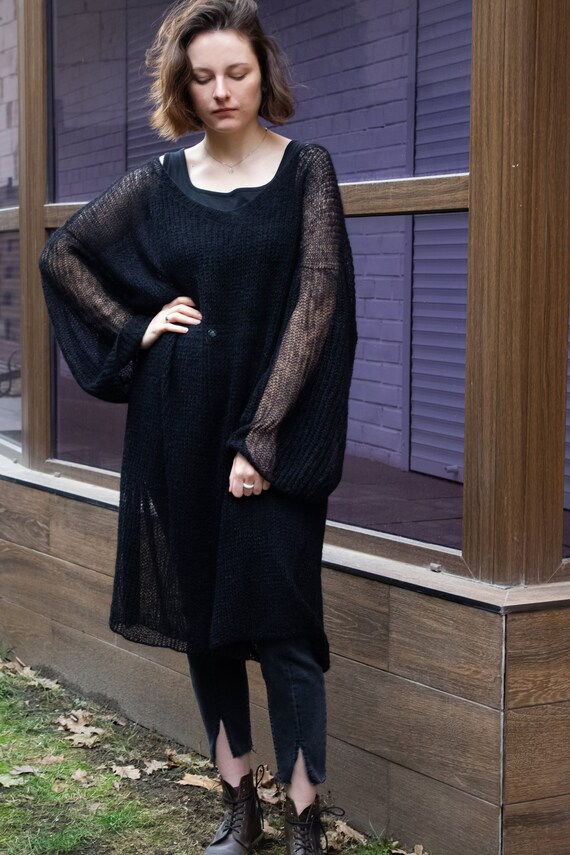 Buy Black Mohair Long Sweater Dress V Neck Balloon Sleeve, Loose Fit Maxi  Gothic Tunic, Grunge Fuzzy Pullover Plus Size, Oversize Boho Jumper Online  in India - Etsy