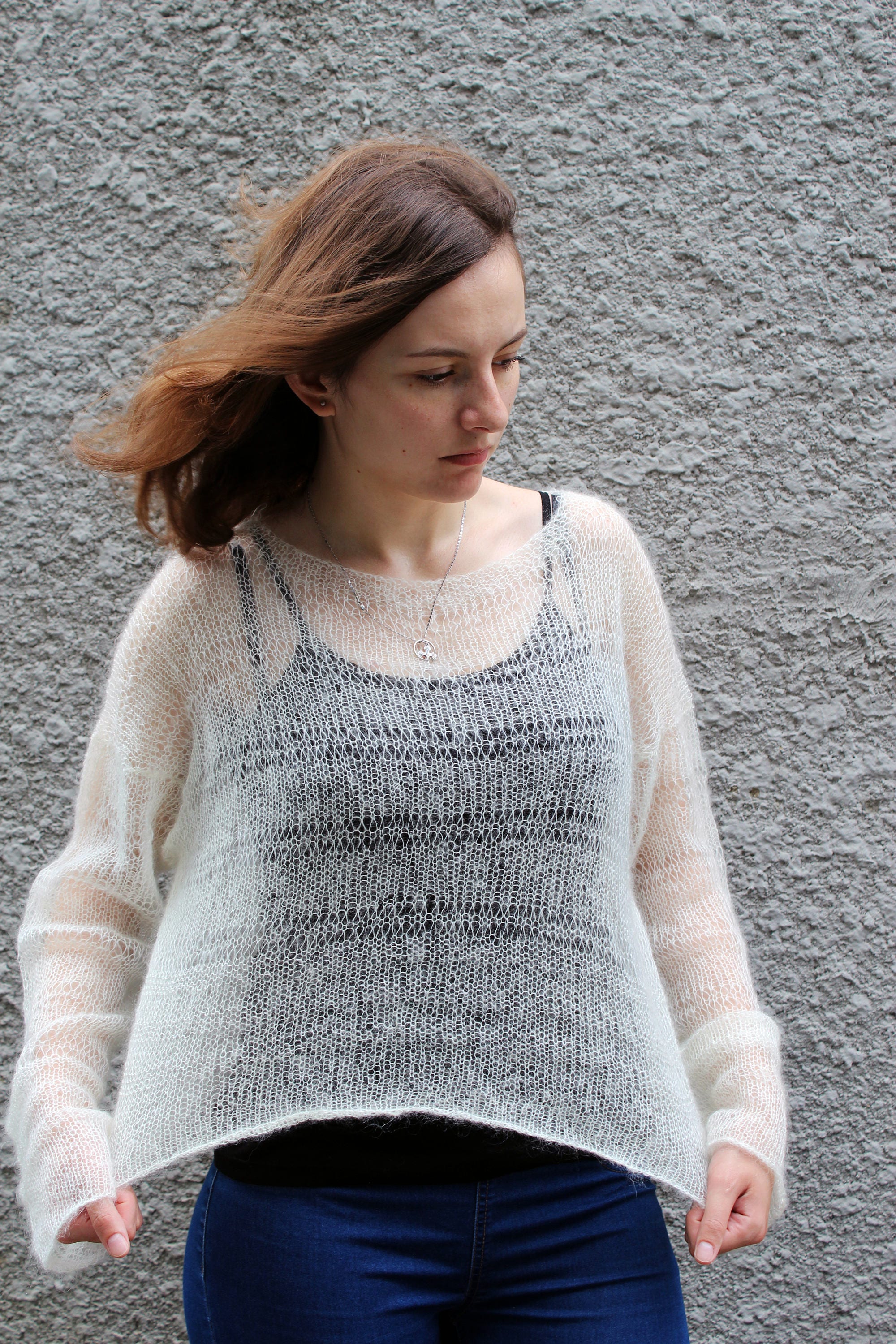 Oversized Sheer Mohair Cropped Sweater off White Bohemian - Etsy