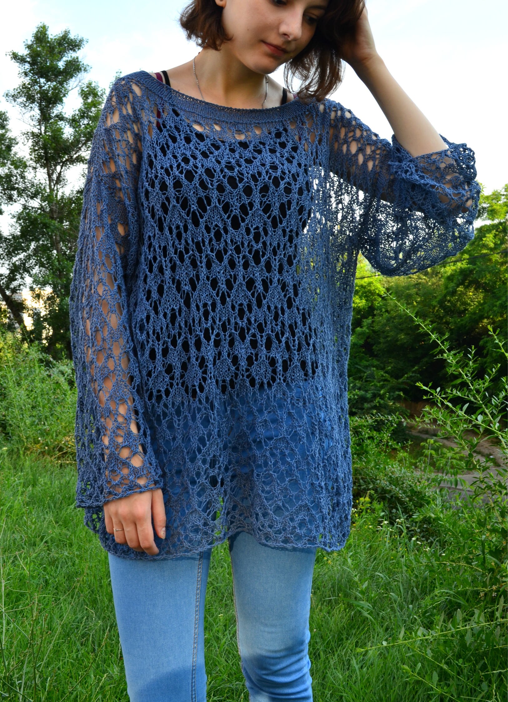 Linen cotton boho beach tunic jumper Long summer sweater Etsy