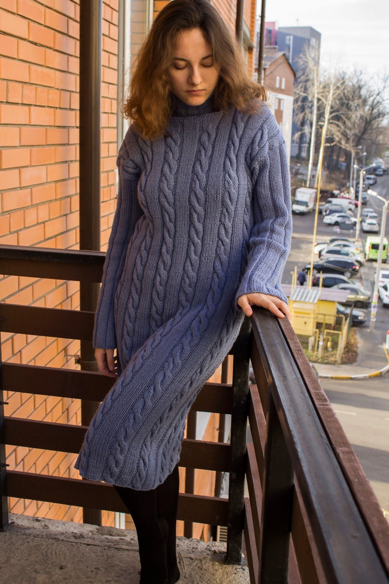 Cable knit turtleneck long sweater dress light blue Loose fit Etsy