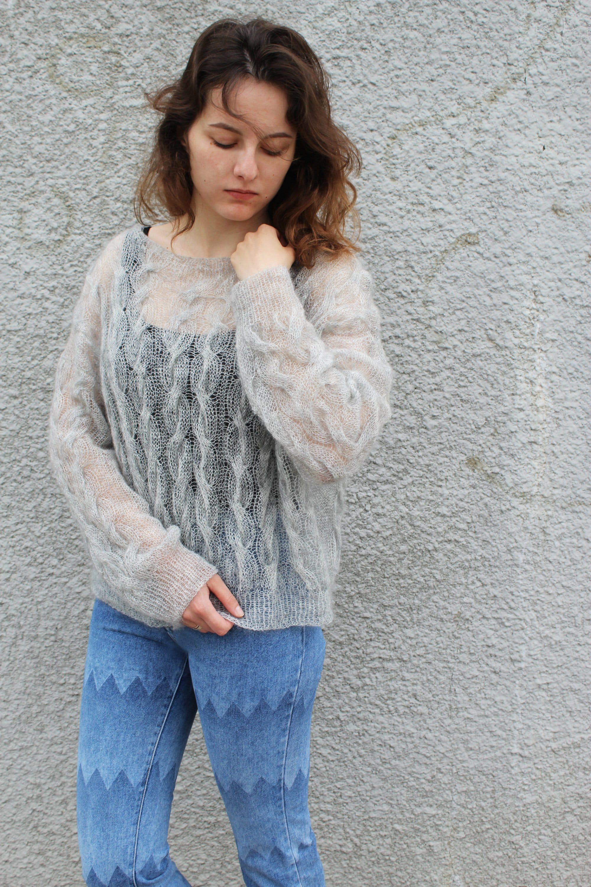 Oversized Cable Knit Fuzzy Mohair Sweater Pullover, Loose Knit