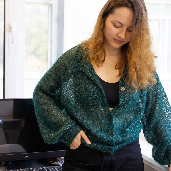 Veste en cardigan Lurex argenté brillant Mohair vert, couverture de festival ample surdimensionnée, manteau d’été doux et flou, vêtements de mariage Boho