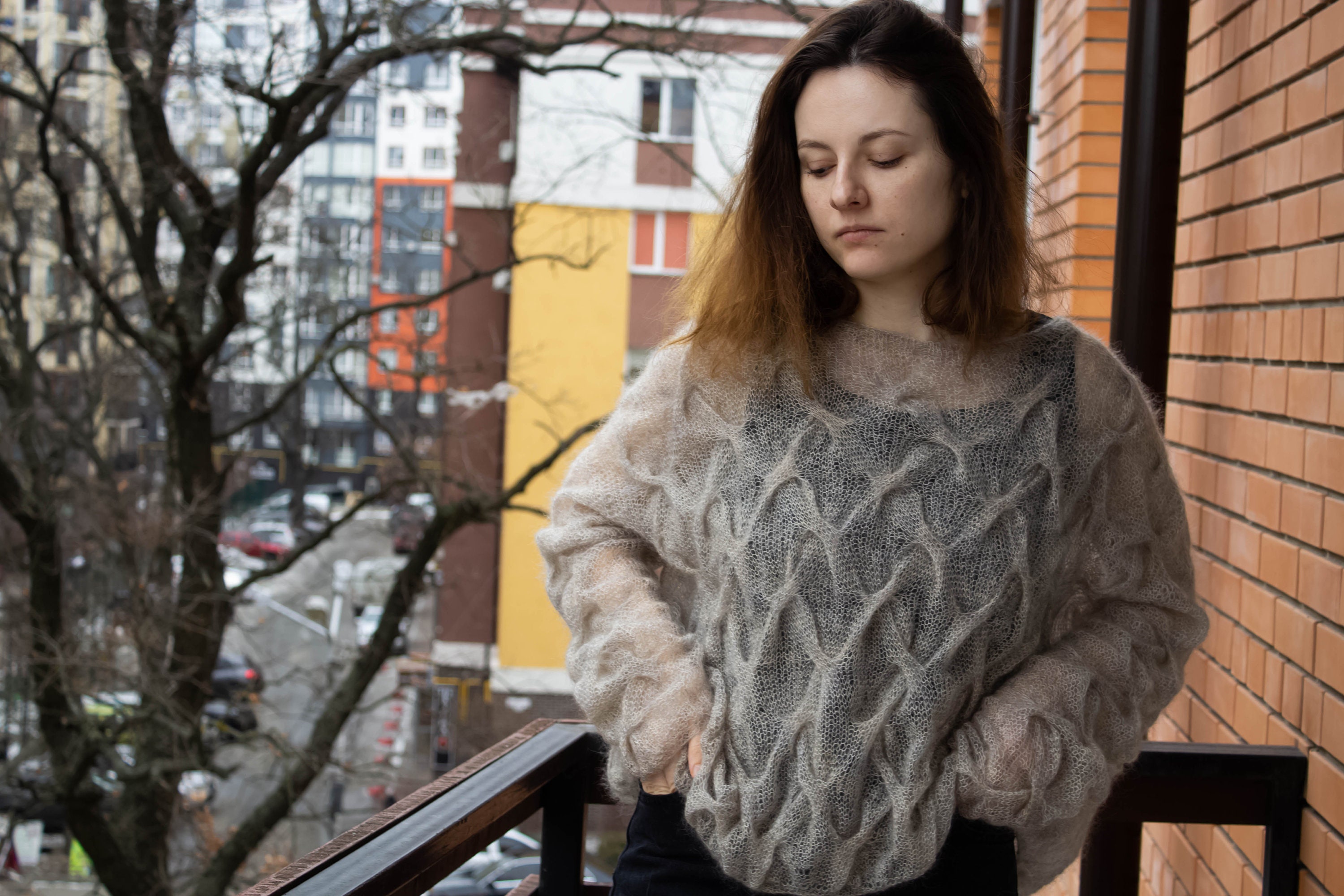 Oversize Cable Knit Airy Mohair Sweater, Sheer Boho Wedding