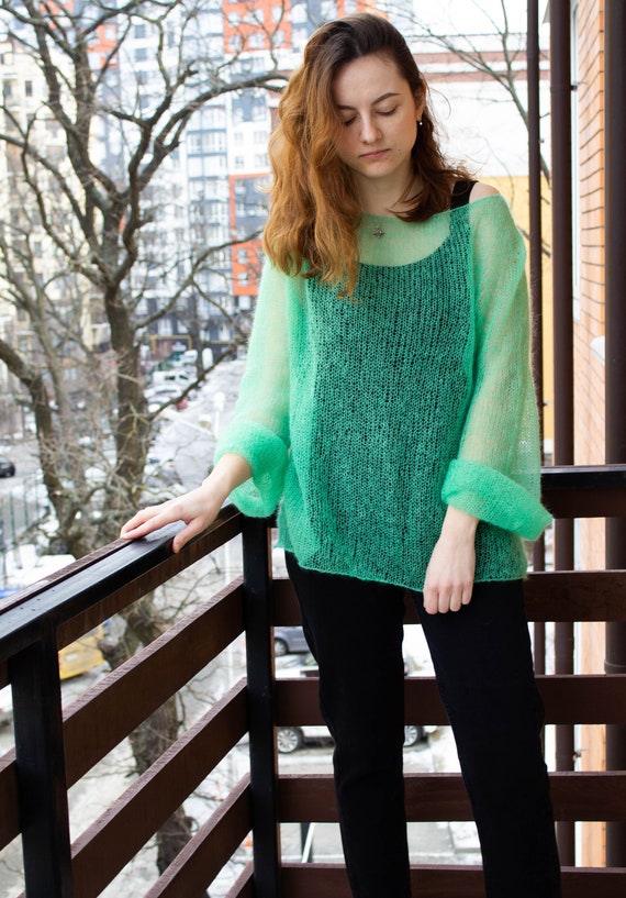 Oversized Mohair Sweater Bright Green, Loose Knit See Oversized Mohair Sweater Bright Green, Loose Knit See
