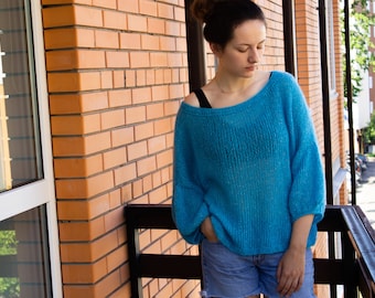 Oversize Silk Mohair Silver Lurex Sweater Jumper Loose knit, Slouchy Sweater Puff Sleeve Off Shoulder, Sheer Fuzzy Pullover, Boho Clothing