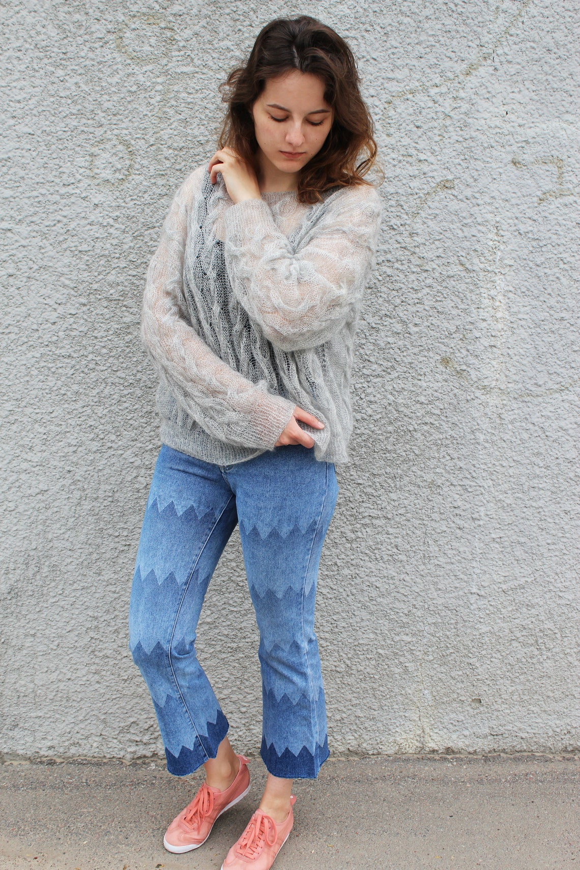 Oversized Cable Knit Fuzzy Mohair Sweater Pullover, Loose Knit Cropped ...