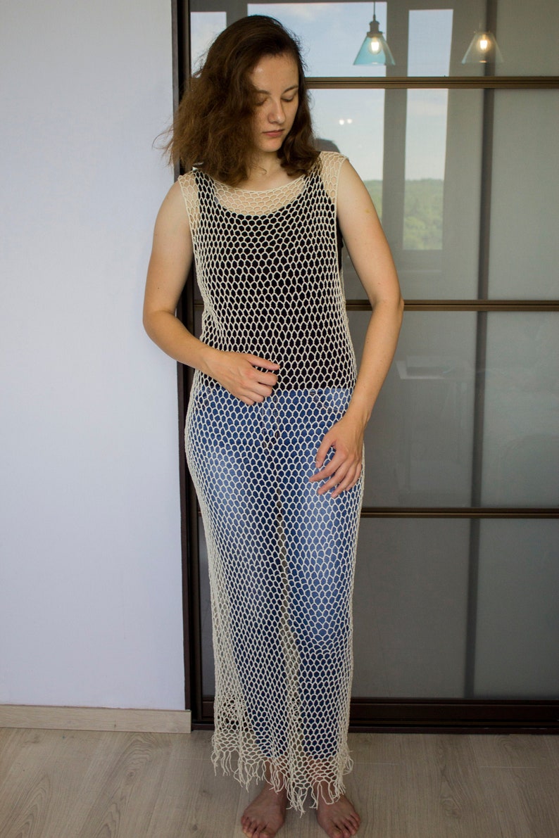 crochet maxi dress off white Sarong fringe boho beach Etsy