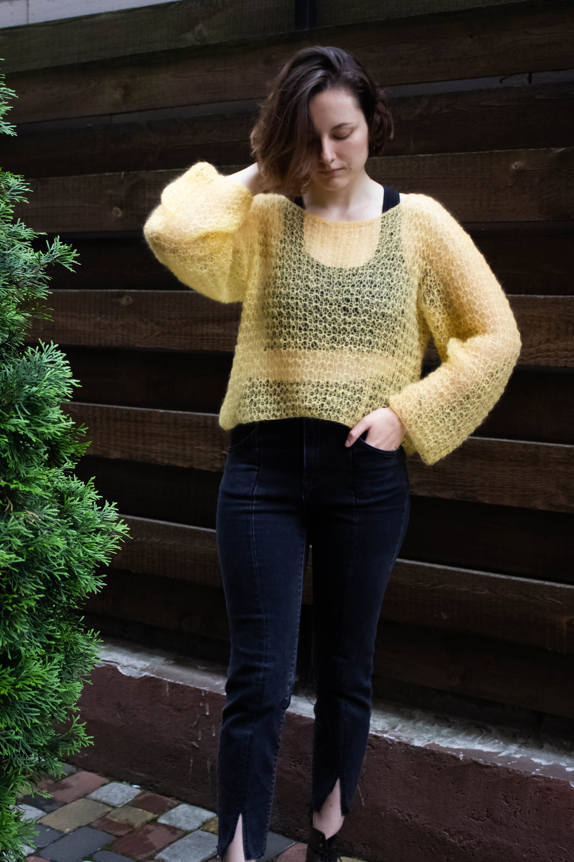 Oversize Pastel Yellow Mohair Festive Sheer Cropped Sweater, Mesh Fuzzy Pullover, Openwork Fluffy Bridal Jumper, Loose Boho Wedding Sweater