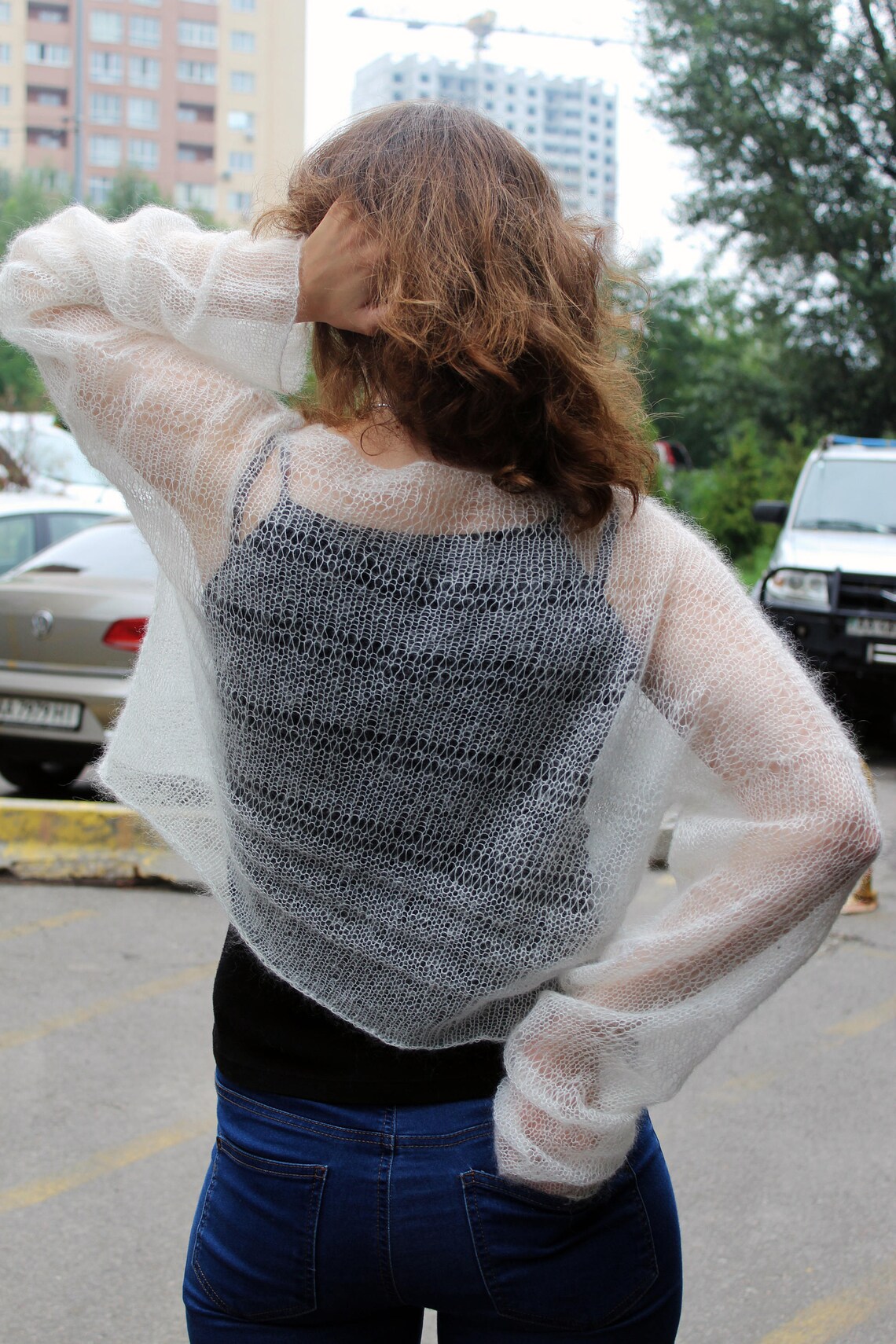 Oversized Sheer Mohair Cropped Sweater off White, Bohemian Clothing ...