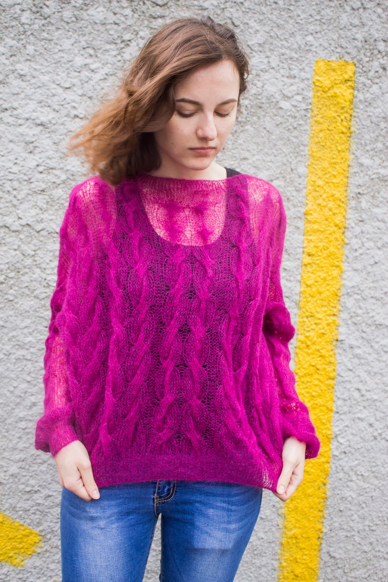 Oversize cable knit fuzzy mohair sweater pullover new Loose fit fuchsia ...