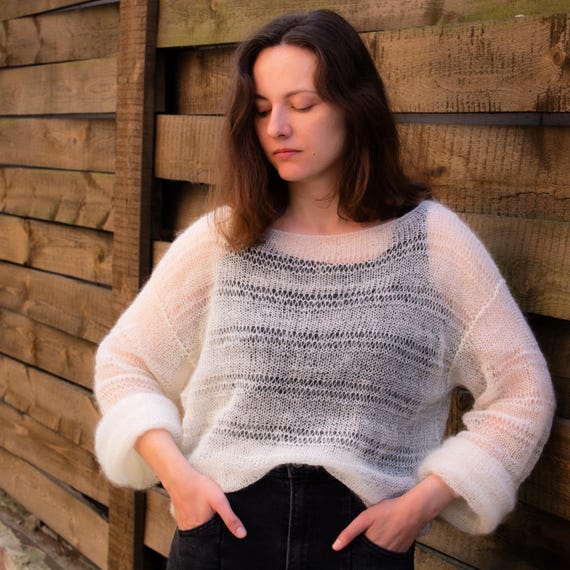 Sheer White Loose Knit Jumper Oversize Merino Silk Mohair Sweater