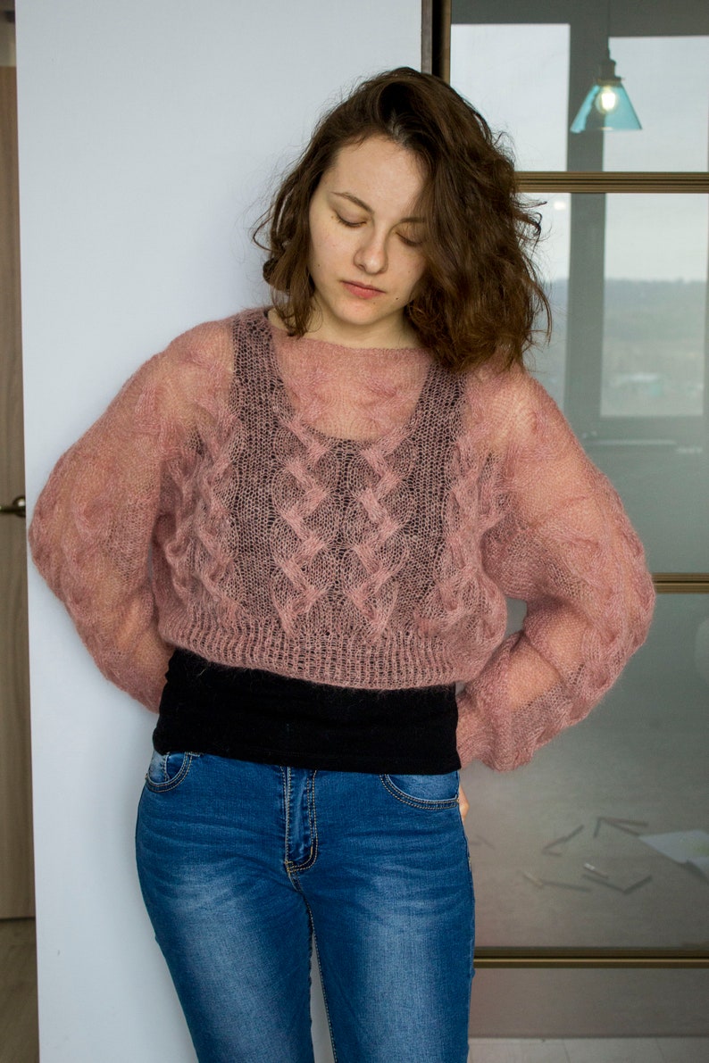 Oversize Cable Knit Dusty Rose Mohair Sweater Crop Loose Fit - Etsy